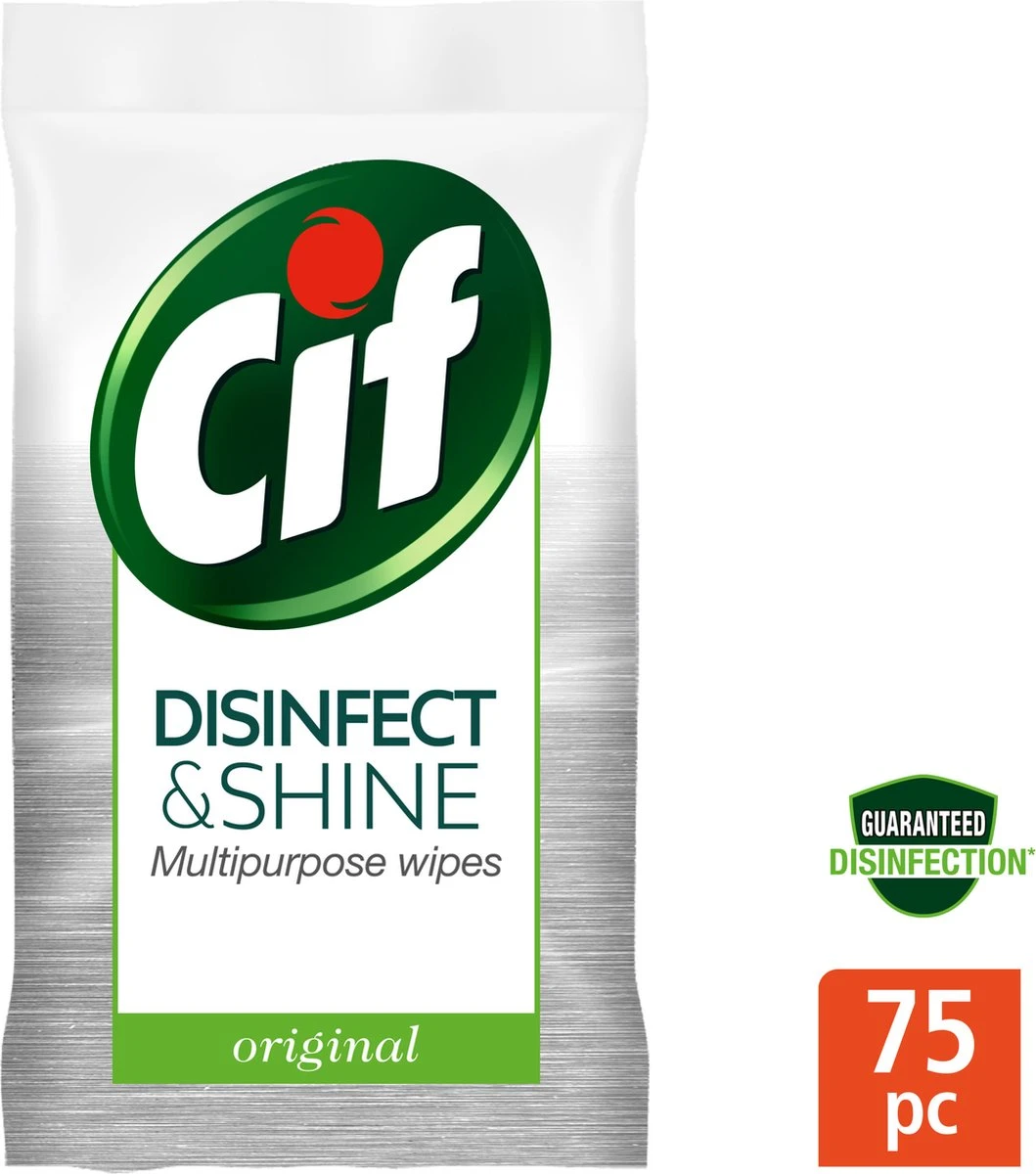 Cif Disinfect & Shine Wipes doden 99,99% van de bacteriën Original desinfecterende schoonmaakdoekjes, van 100% biologisch afbreekbaar textiel 5 x 75 doekjes Cif Disinfect & Shine Wipes Doden 99,99% Van De Bacteriën Original Desinfecterende Schoonmaakdoekjes, Van 100% Biologisch Afbreekbaar Textiel 5 X 75 Doekjes -Bol Schoonmaak Winkel