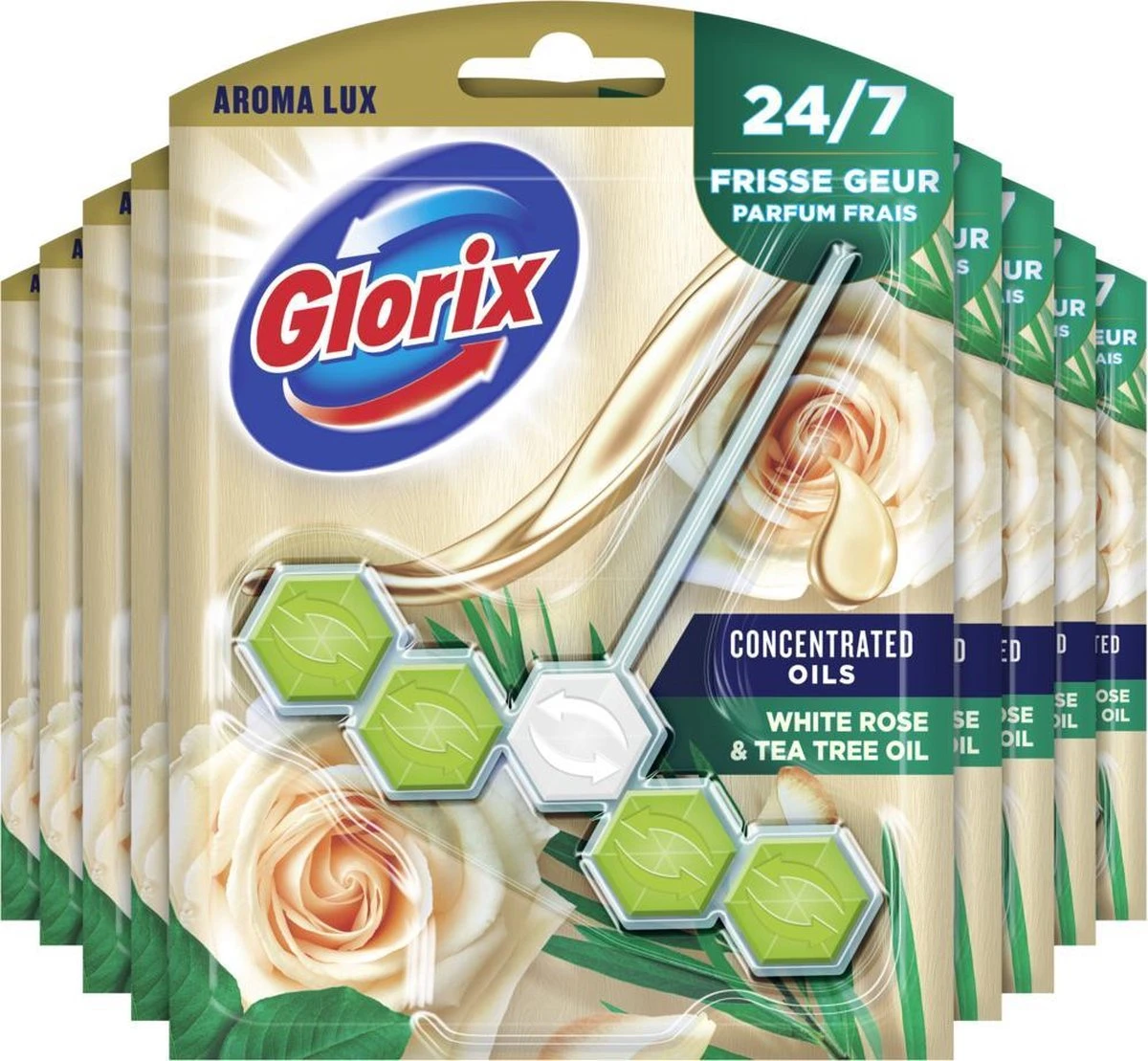 Glorix Aroma Lux Toiletblokken White Rose & Tea Tree Oil - 9 x 55g - Voordeelverpakking Glorix Aroma Lux Toiletblokken White Rose & Tea Tree Oil - 9 X 55g - Voordeelverpakking -Bol Schoonmaak Winkel
