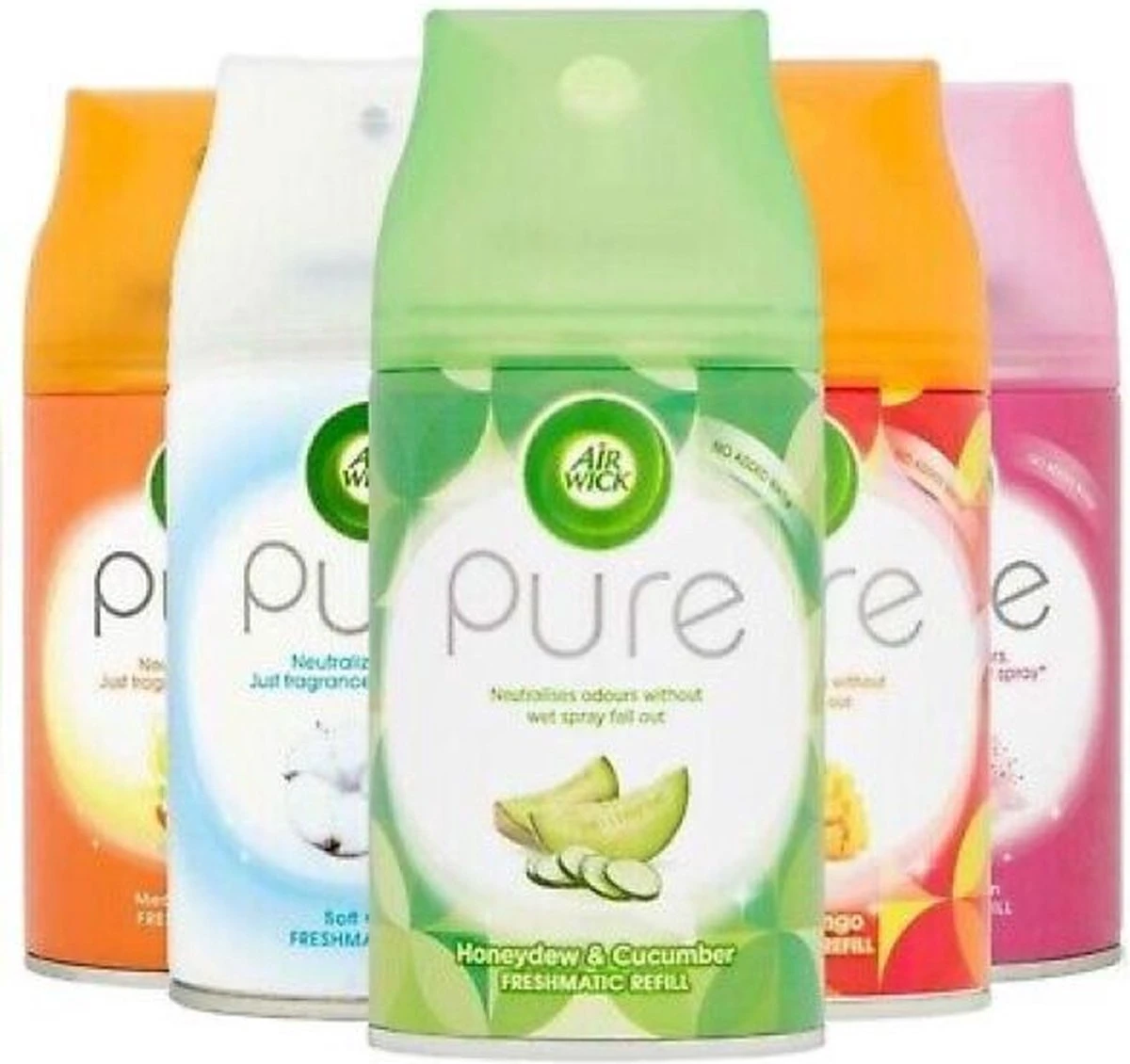 AirWick Freshmatic Pure Mix Pakket - Citrus / Pure Cotton / Pure Honeydew & Cucumber / Mango Splash / Pure Kersenbloem AirWick Freshmatic Pure Mix Pakket - Citrus / Pure Cotton / Pure Honeydew & Cucumber / Mango Splash / Pure Kersenbloem -Bol Schoonmaak Winkel