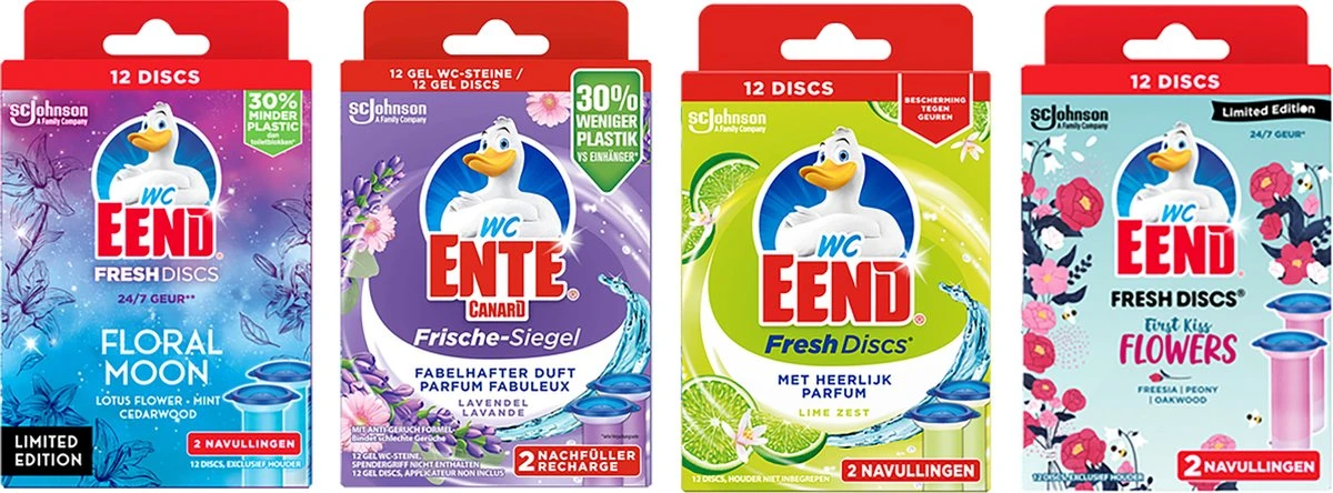 Wc eend Fresh Discs navulling Floral moon + Lime + First kiss+ Lavandel 4 x 12 discs Wc Eend Fresh Discs Navulling Floral Moon + Lime + First Kiss+ Lavandel 4 X 12 Discs -Bol Schoonmaak Winkel 1200x444 1