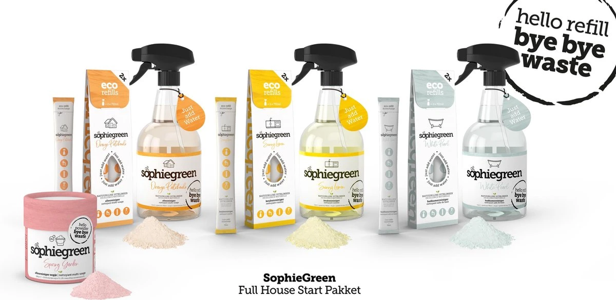 SophieGreen Full House pakket: Allesreiniger + Keukenreiniger + Badkamerreinger + Sopje Allesreiniger 100g SophieGreen Full House Pakket: Allesreiniger + Keukenreiniger + Badkamerreinger + Sopje Allesreiniger 100g -Bol Schoonmaak Winkel