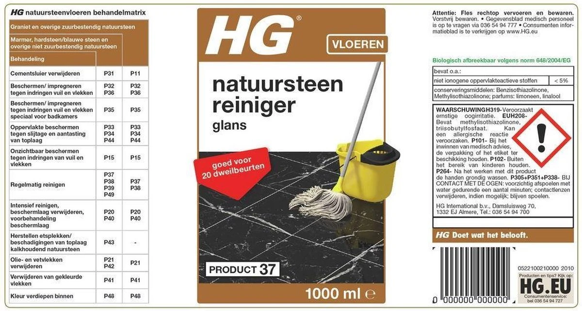 HG natuursteenreiniger glans (product 37) - 1L - voor regelmatig gebruik van marmer en kalkhoudend natuursteen HG Natuursteenreiniger Glans (product 37) - 1L - Voor Regelmatig Gebruik Van Marmer En Kalkhoudend Natuursteen -Bol Schoonmaak Winkel