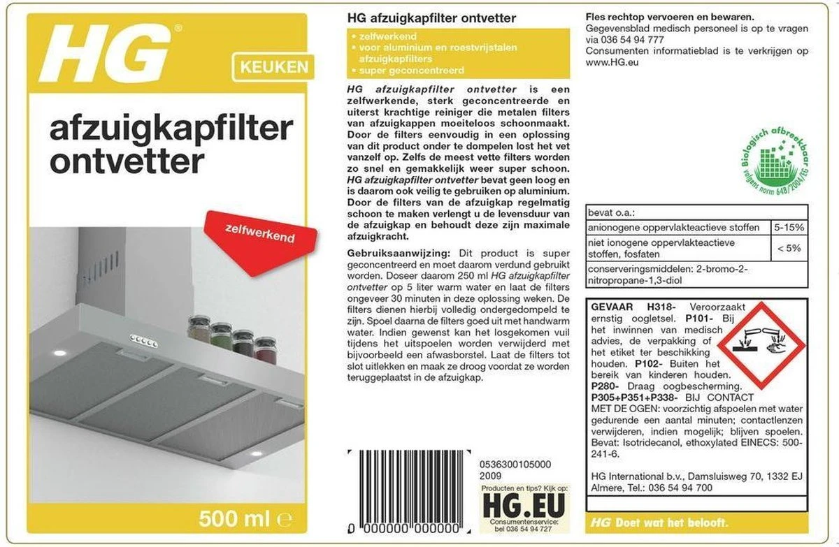HG afzuigkapfilter ontvetter - 500ml - zelfwerkend HG Afzuigkapfilter Ontvetter - 500ml - Zelfwerkend -Bol Schoonmaak Winkel