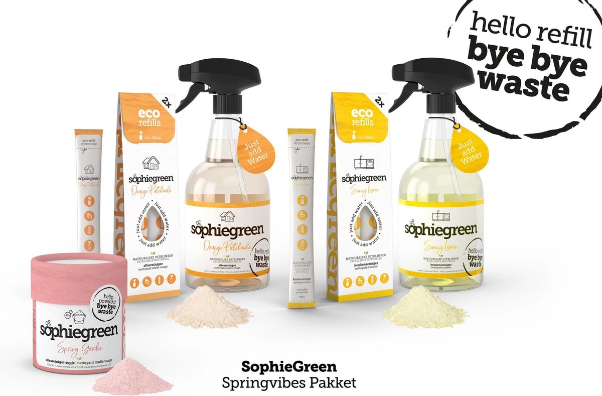SophieGreen Voorjaarspakket; Allesreiniger + Keukenreiniger - 2x 750ml + navullingen + Sopje Allesreiniger 100g SophieGreen Voorjaarspakket; Allesreiniger + Keukenreiniger - 2x 750ml + Navullingen + Sopje Allesreiniger 100g -Bol Schoonmaak Winkel