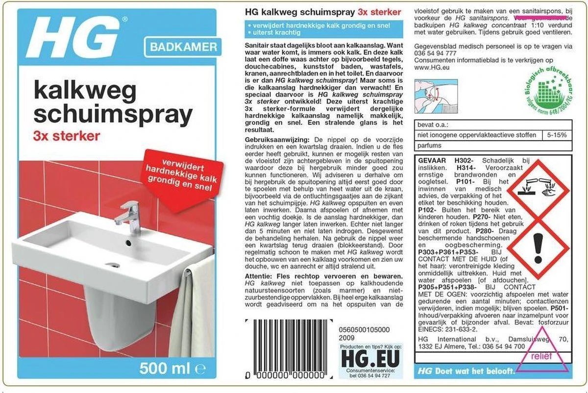 HG kalkweg schuimspray 3x sterker - 500ml - verwijdert extreme kalkresten - 100% opgelost, 100% resultaat HG Kalkweg Schuimspray 3x Sterker - 500ml - Verwijdert Extreme Kalkresten - 100% Opgelost, 100% Resultaat -Bol Schoonmaak Winkel