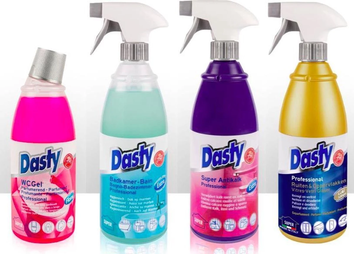 Dasty Keuken+Badkamer Pakket 8 stuks: WC-gel + Super Antikalk + Ruiten en Oppervlakten + Badkamerreiniger + Afwas Super Ontvettend + RVS- en Inductiekookplatenreiniger + Ruiten en Oppervlakten + Allesreinigende Gel + GRATIS set sponzen Dasty Keuken+Badkamer Pakket 8 Stuks: WC-gel + Super Antikalk + Ruiten En Oppervlakten + Badkamerreiniger + Afwas Super Ontvettend + RVS- En Inductiekookplatenreiniger + Ruiten En Oppervlakten + Allesreinigende Gel + GRATIS Set Sponzen -Bol Schoonmaak Winkel