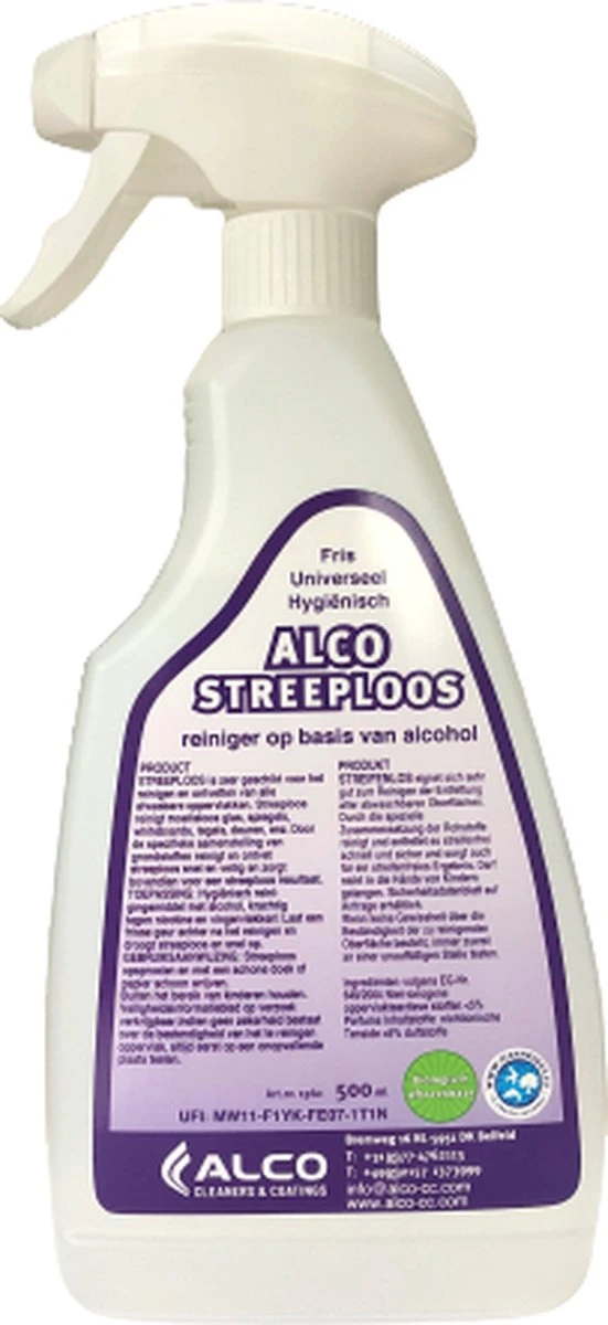 Alco Streeploos Reinigingsmiddel 500ml - Universeel fris & Hygienisch ! Alco Streeploos Reinigingsmiddel 500ml - Universeel Fris & Hygienisch ! -Bol Schoonmaak Winkel