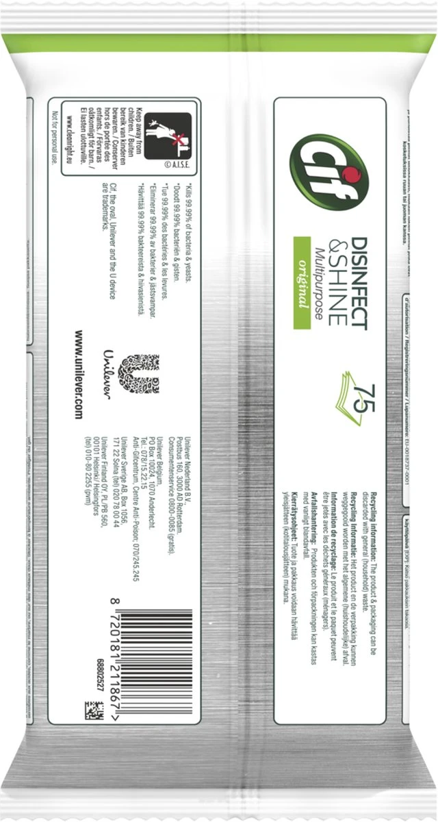 Cif Disinfect & Shine Wipes doden 99,99% van de bacteriën Original desinfecterende schoonmaakdoekjes, van 100% biologisch afbreekbaar textiel 5 x 75 doekjes Cif Disinfect & Shine Wipes Doden 99,99% Van De Bacteriën Original Desinfecterende Schoonmaakdoekjes, Van 100% Biologisch Afbreekbaar Textiel 5 X 75 Doekjes -Bol Schoonmaak Winkel