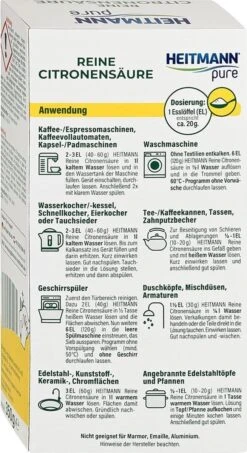 HEITMANN Pure Ontkalker- Citroenzuur Ontkalker, Natuurvriendelijke Kalkreiniger Voor Een Hygiënische Reiniging - Poeder, 1x 350 G -Bol Schoonmaak Winkel 654x1200