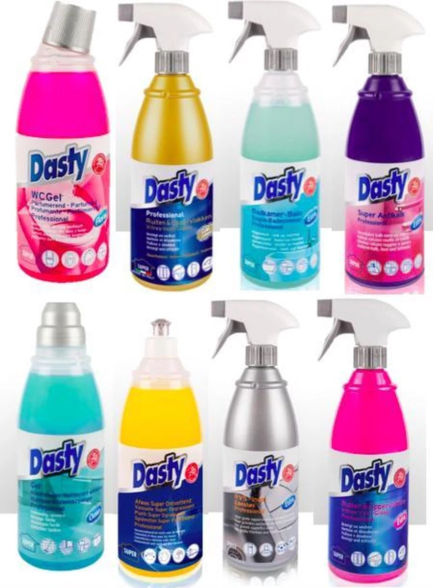 Dasty Keuken+Badkamer Pakket 8 stuks: WC-gel + Super Antikalk + Ruiten en Oppervlakten + Badkamerreiniger + Afwas Super Ontvettend + RVS- en Inductiekookplatenreiniger + Ruiten en Oppervlakten + Allesreinigende Gel + GRATIS set sponzen Dasty Keuken+Badkamer Pakket 8 Stuks: WC-gel + Super Antikalk + Ruiten En Oppervlakten + Badkamerreiniger + Afwas Super Ontvettend + RVS- En Inductiekookplatenreiniger + Ruiten En Oppervlakten + Allesreinigende Gel + GRATIS Set Sponzen -Bol Schoonmaak Winkel